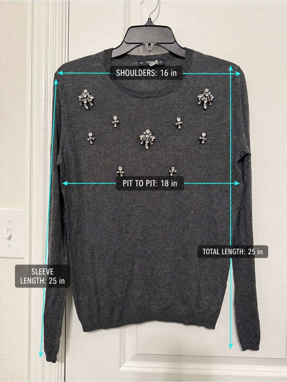 Zara Charcoal Gray Crystal Embellished Sweater Women’s Medium